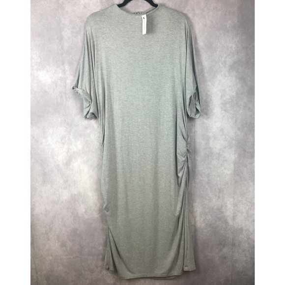 Lane Bryant Dresses & Skirts - Lane Bryant Midi Dress‎ 22 / 24 Gray Ruched High Neck Short Sleeve Stretch NEW!